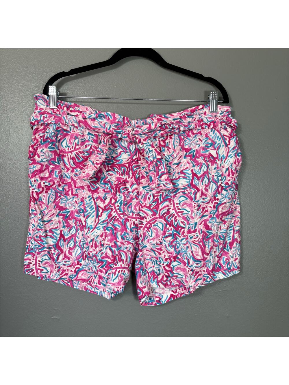 Stella Parker Womens Pink Floral Linen Blend Paperbag Shorts - Size Large - Belt